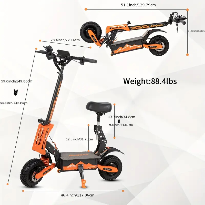 Scooter Eléctrico para Adultos, Doble Motor con Potencia Promedio de 750W, Batería de 60V 27AH de Alto Alcance, Velocidad Promedio de 20MPH, Neumáticos Todoterreno de 11 Pulgadas, Scooter Deportivo Plegable con Asiento detalles 2