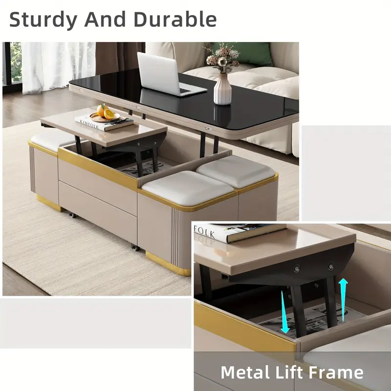   elevable con tapa extraíble única, compartimento oculto y superficie de cristal templado para  , mesa de té ajustable   con 4 taburetes, moderna plegable que se convierte en mesa de comedor, gris claro detalles 4