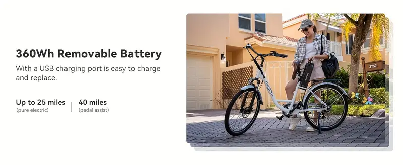 Bicicleta eléctrica     de 26 pulgadas, 350W (Pico 500W), Bicicleta eléctrica de   Cruiser, Hasta 40 millas, 20MPH, Batería extraíble, Amortiguador de doble suspensión de 7 velocidades, Adecuado para adultos detalles 2