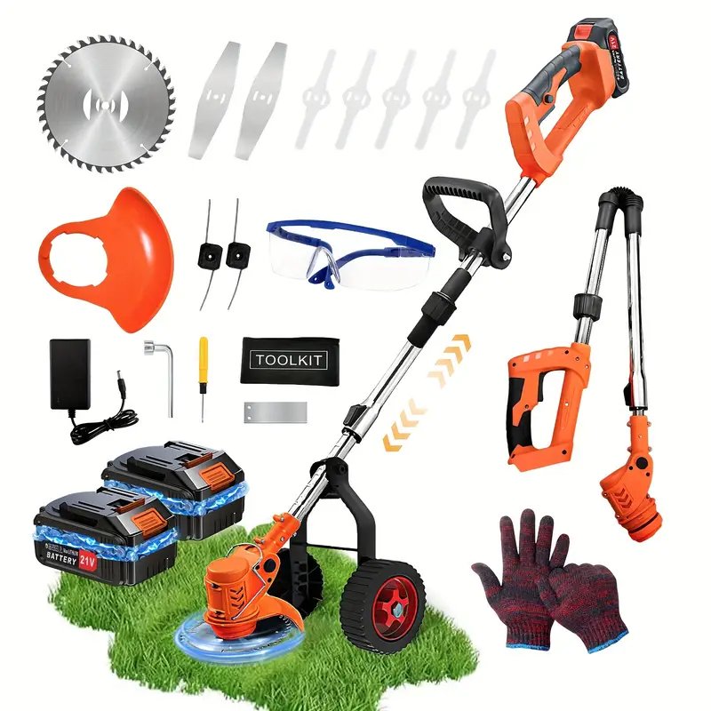 Cortadora de maleza inalámbrica de 21V con 2 baterías y cargador, cuchillas y ruedas, recortadora de césped a batería, recortadora de hilo/mini-segadora/bordeadora de ruedas/cortadora de maleza 4 en 1 detalles 1