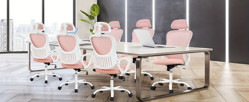 Sillas de trabajo ergonómicas con respaldo alto de malla, ruedas y reposacabezas ajustables, silla de escritorio para computadora de oficina, soporte lumbar, reposabrazos para el hogar, dormitorio, rosa detalles 4