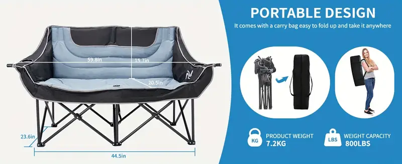 Silla de camping doble  , silla de camping acolchada para   adultos, silla plegable de gran tamaño, silla de camping, tumbona de jardín, sillas de salón para adultos. detalles 2