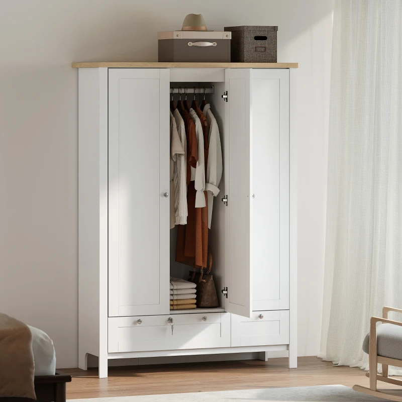 HOMCOM Armario de 3 Puertas con 2 Cajones, Armario de Dormitorio con Cajón con Cerradura, Barra para Colgar y Estantes de Almacenamiento, Natural