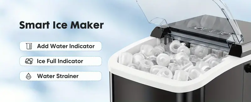 Máquina de hielo portátil   para encimera, autolimpiable, 9 cubos en  , 26.5 libras/24  , 2 tamaños de hielo en forma de  , con pala de hielo, cesta y asa detalles 9