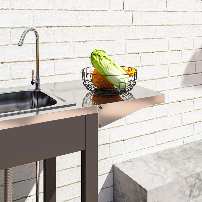 Mesa de parrilla para exteriores con fregadero y drenaje de acero inoxidable, carrito de parrilla con mesa auxiliar plegable y gabinete, isla de cocina para exteriores con ruedas