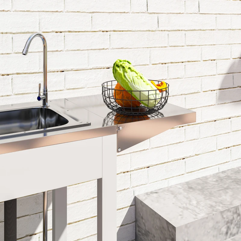 Mesa de parrilla para exteriores con fregadero y drenaje de acero inoxidable, carrito de parrilla con mesa auxiliar plegable y gabinete, isla de cocina para exteriores con ruedas