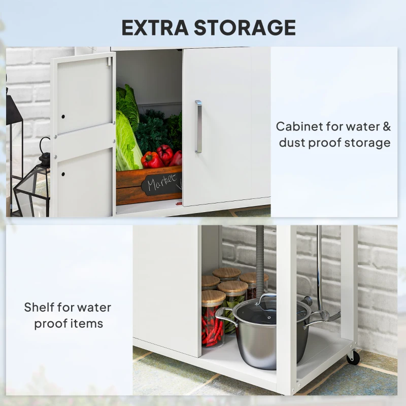 Mesa de parrilla para exteriores con fregadero y drenaje de acero inoxidable, carrito de parrilla con mesa auxiliar plegable y gabinete, isla de cocina para exteriores con ruedas