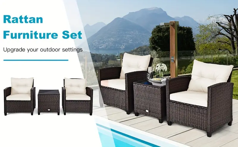 Conjunto De Muebles De Patio De Ratán Costway De 3 Piezas, Conjunto De Conversación De   De Mimbre Con 2 Sillones Acolchados Y Mesa Con Tapa De Vidrio, Conjunto De Sofá De Ratán Para Exteriores Para Patio, Porche,   Y Piscina detalles 0