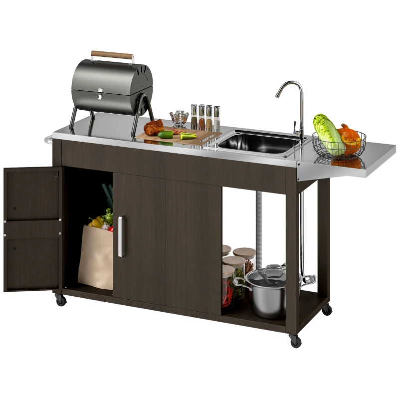 Mesa de parrilla para exteriores con fregadero y drenaje de acero inoxidable, carrito de parrilla con mesa auxiliar plegable y gabinete, isla de cocina para exteriores con ruedas