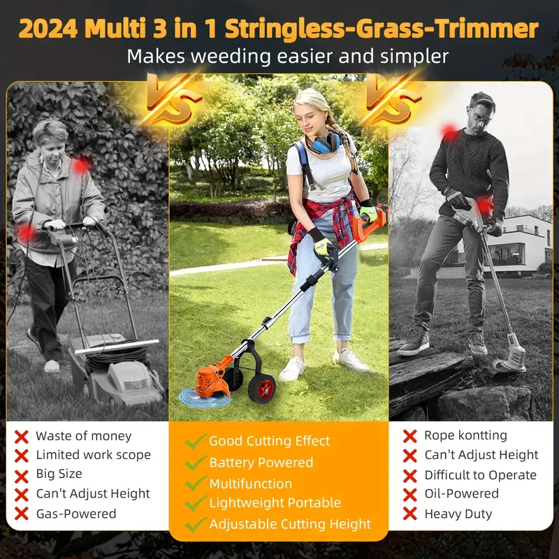 Cortadora de maleza inalámbrica de 21V con 2 baterías y cargador, cuchillas y ruedas, recortadora de césped a batería, recortadora de hilo/mini-segadora/bordeadora de ruedas/cortadora de maleza 4 en 1 detalles 2