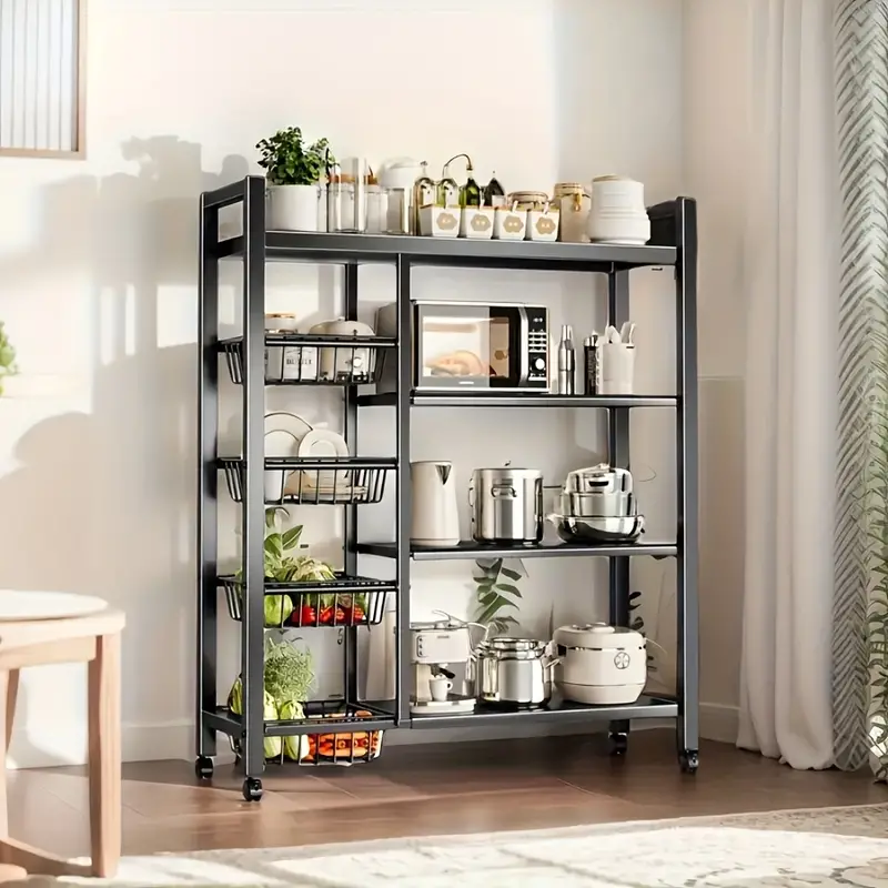 Cesta de almacenamiento de malla rodante con deslizamiento universal para la limpieza y el almacenamiento, cesta de almacenamiento de verduras, estante de almacenamiento de cocina, estante de almacenamiento práctico para almacenar suministros. detalles 4