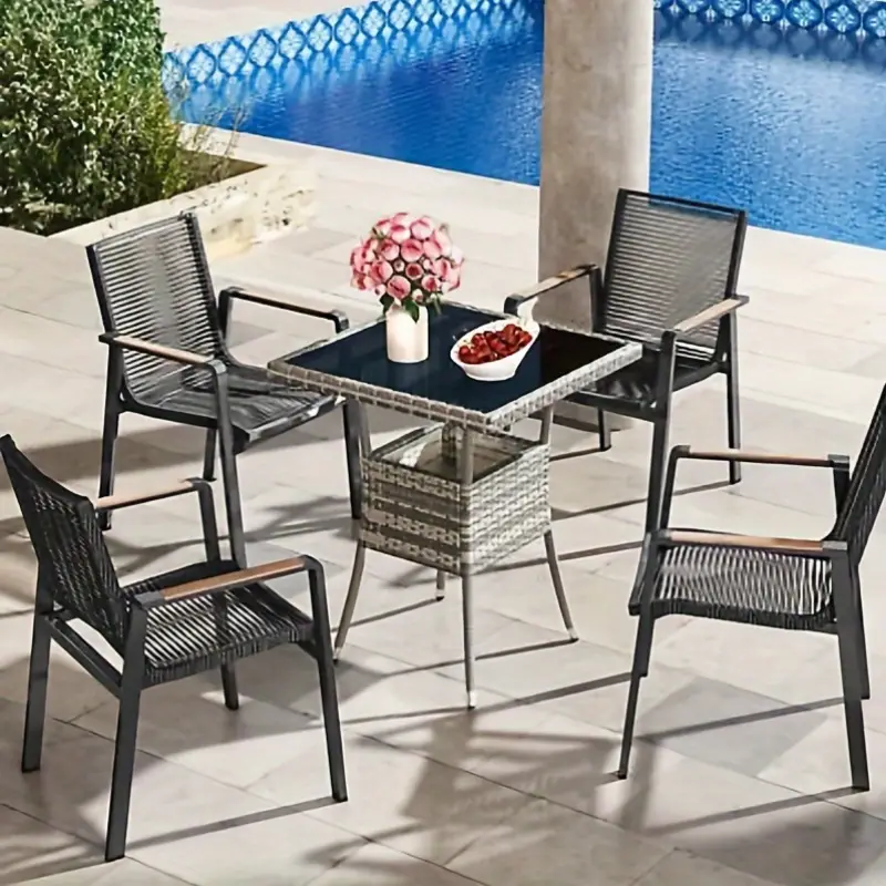 mesa de comedor de mimbre para patio furnizest con 4 asientos y   de vidrio templado, ideal para el entretenimiento y la relajaci&oacute;n  . detalles 1