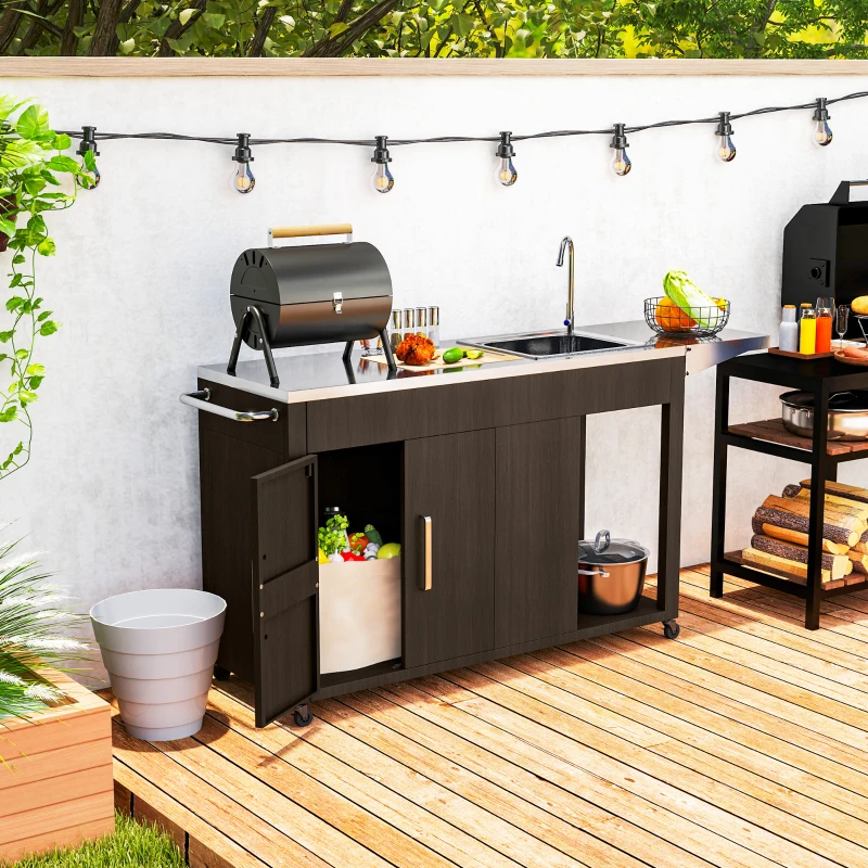 Mesa de parrilla para exteriores con fregadero y drenaje de acero inoxidable, carrito de parrilla con mesa auxiliar plegable y gabinete, isla de cocina para exteriores con ruedas