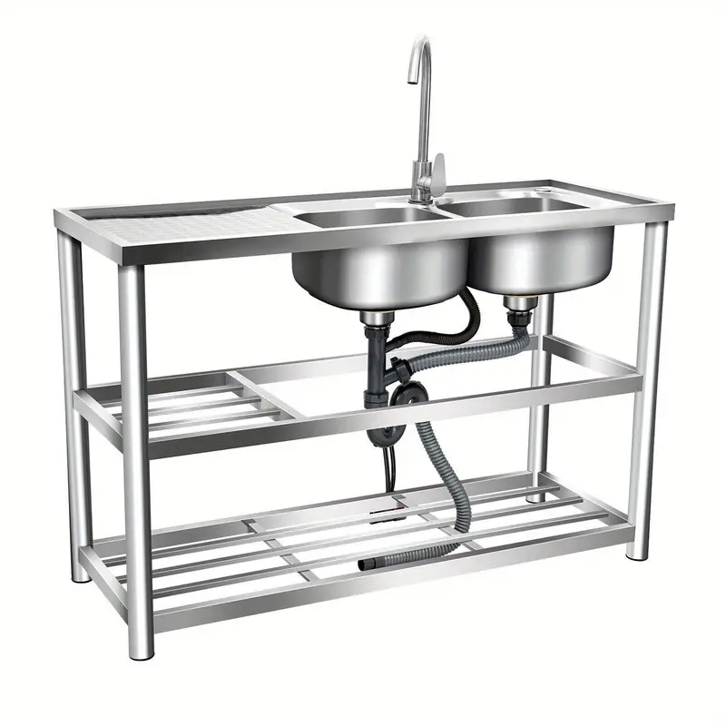 Fregadero comercial de cocina con 2 cubetas, fregadero utilitario de 2 compartimentos con 2 escurridores y 2 estantes, fregadero de cocina independiente de acero inoxidable 304 detalles 0
