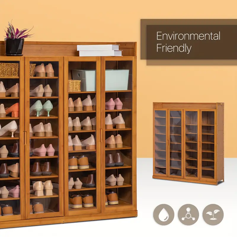 Gabinete para zapatos con puertas acr&iacute;licas, organizador de almacenamiento de 9 niveles de bamb&uacute; con ganchos laterales para 41-45 pares de entrada de casa. detalles 0