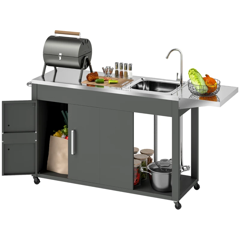 Mesa de parrilla para exteriores con fregadero y drenaje de acero inoxidable, carrito de parrilla con mesa auxiliar plegable y gabinete, isla de cocina para exteriores con ruedas