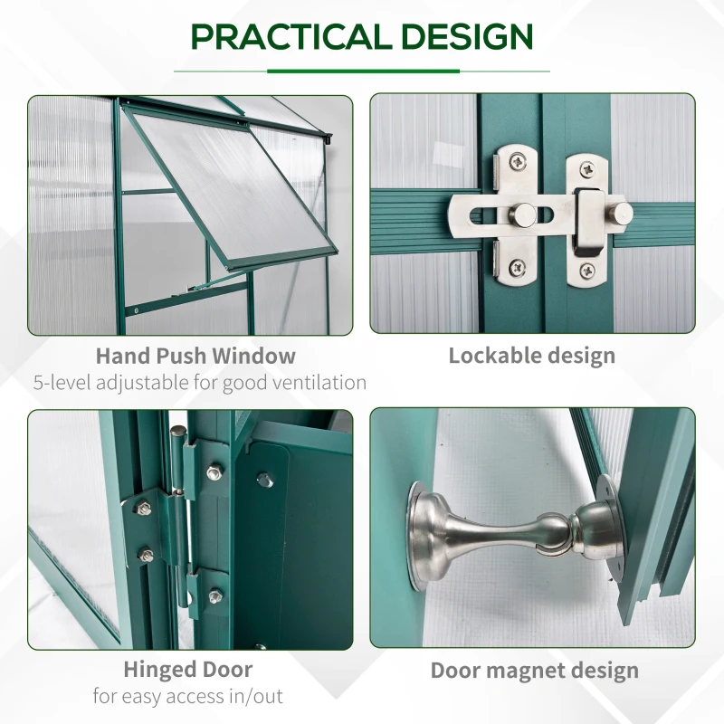 Invernadero de policarbonato, puerta de ventilación de aluminio resistente para exteriores, kit de invernadero, 6.2'x6.2'x6.6'