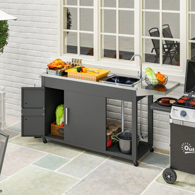 Mesa de parrilla para exteriores con fregadero y drenaje de acero inoxidable, carrito de parrilla con mesa auxiliar plegable y gabinete, isla de cocina para exteriores con ruedas