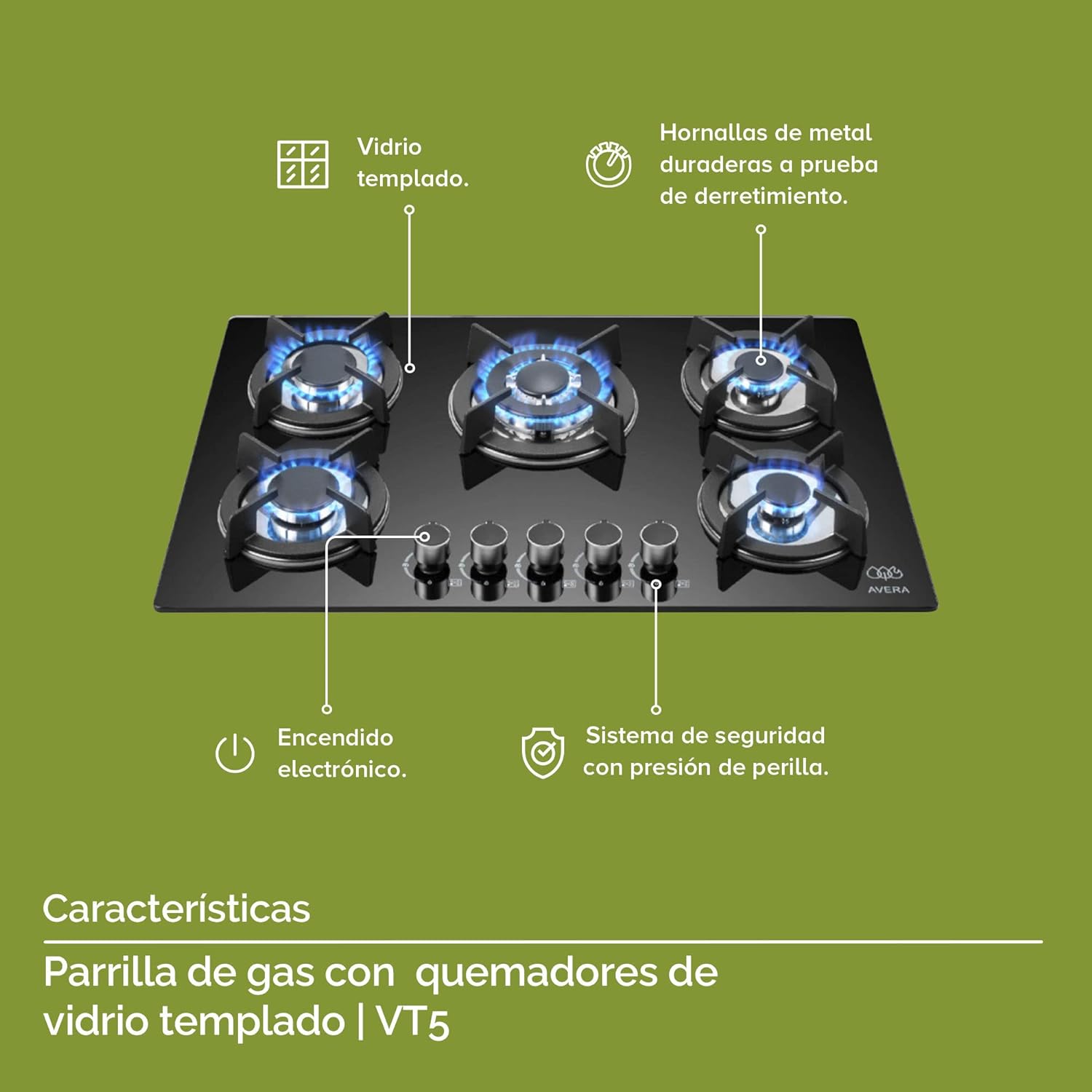 AVERA Parrilla de Gas 5 Quemadores, Vidrio Templado Negro 77cm (Incluye accesorios para Instalarla) Empotrable, Encendido Electronico, Perillas Metalicas, Estufa Empotrable, para Gas LP y Natural, VT5