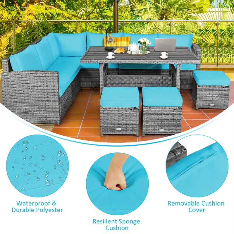 7pcs turquoise patio rattan dining set with wicker sectional sofa ottomans coffee table weather resistant high quality pe rattan comfortable easy assembly for outdoor relaxation details 0