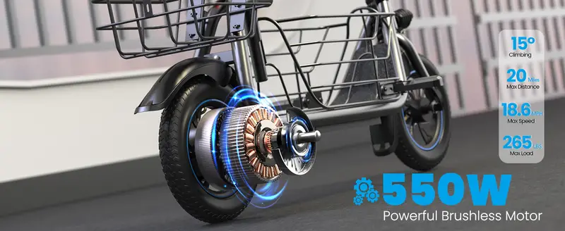 Scooter eléctrico de 550W con cesta para perros, alcance de 20 millas, velocidad de hasta 18.6 MPH, amplio espacio de almacenamiento para mascotas y carga detalles 7