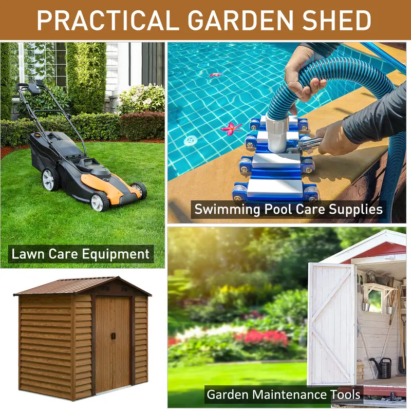   8 x 6 outdoor storage shed garden   with foundation kit 4 vents and   sliding doors for backyard patio garage lawn brown details 5