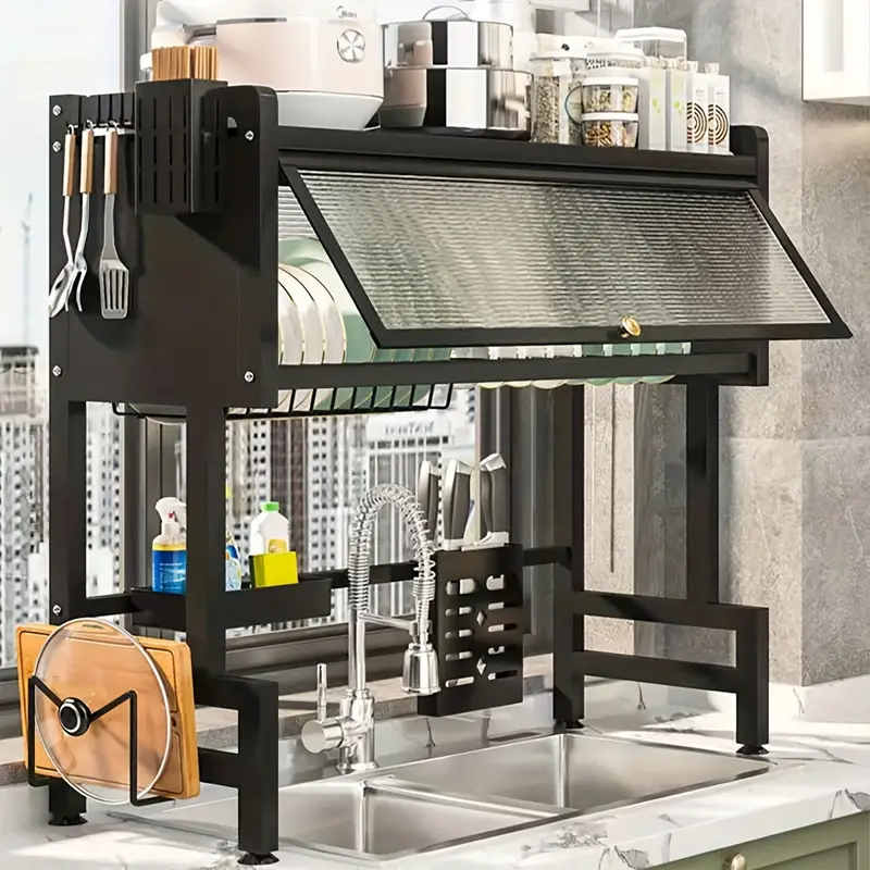 Sobre fregadero rejilla de secado de platos con cubierta, organizador de cocina de metal de acero al carbono para cuencos, platos, almacenamiento de utensilios, cesta de limpieza que ahorra espacio y barril de palillos detalles 4