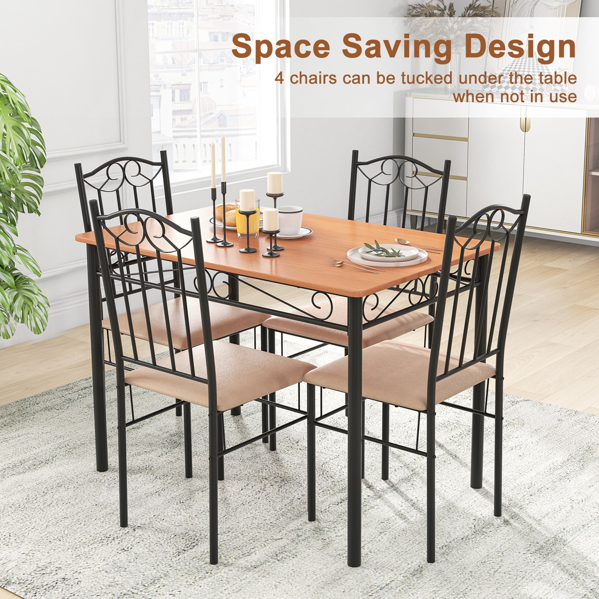 Costway Juego de comedor de 5 piezas, mesa de metal de madera de 30 "y 4 sillas, muebles de desayuno de cocina negros