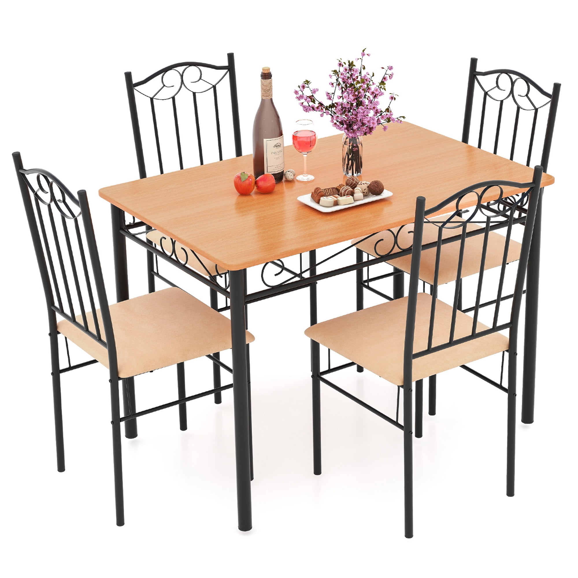 Costway Juego de comedor de 5 piezas, mesa de metal de madera de 30 "y 4 sillas, muebles de desayuno de cocina negros