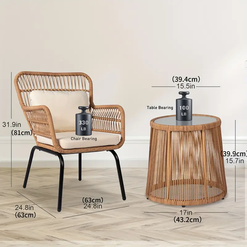 Juego de 3 muebles de mimbre para patio, incluye 2 sillas y una mesa con tapa de vidrio, ideal para porche, exterior, patio trasero, apartamento, balcón, color natural.