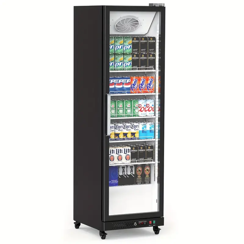 Refrigerador comercial con puerta de vidrio, refrigerador de exhibición de bebidas de 12.4 pies cúbicos, puerta única, enfriador de bebidas, doble acristalamiento con luces LED, estantes de almacenamiento, refrigerador vertical detalles 0
