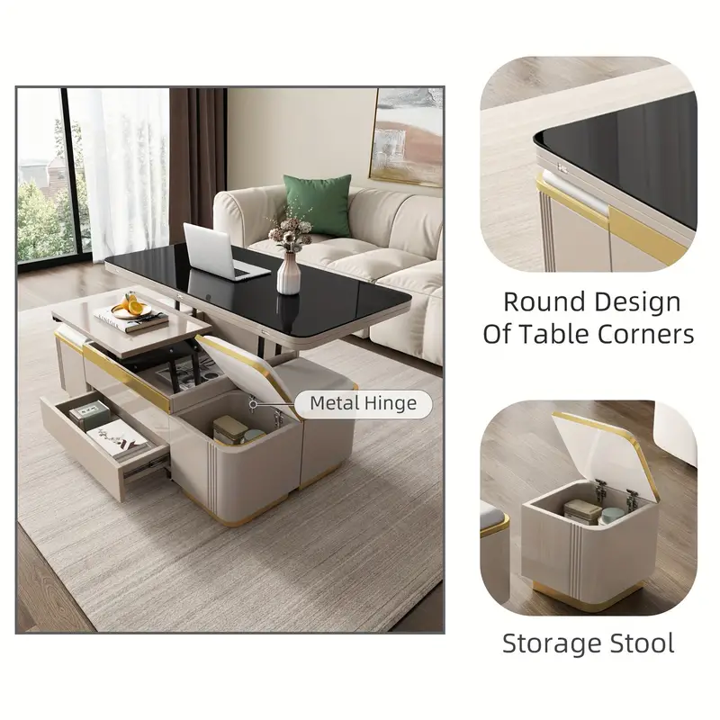   elevable con tapa extraíble única, compartimento oculto y superficie de cristal templado para  , mesa de té ajustable   con 4 taburetes, moderna plegable que se convierte en mesa de comedor, gris claro detalles 6