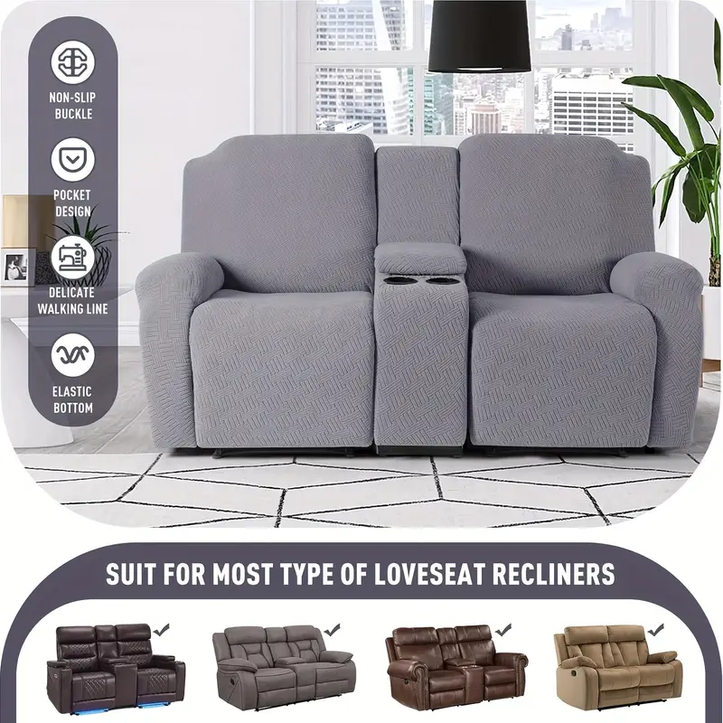 Conjunto de funda para sillón reclinable de 8 piezas con consola central - Ajuste elástico amigable para mascotas de poliéster y spandex con cierre de banda elástica, diseño de una sola pieza lavable a máquina protector de muebles para sillas de masaje de teatro de asiento doble detalles 3