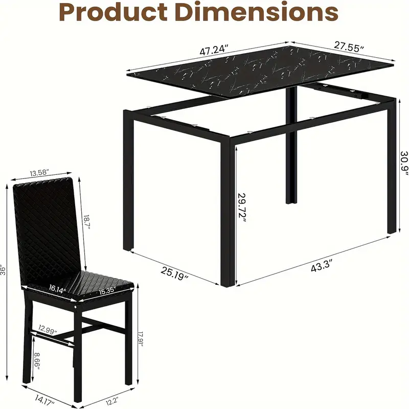 Conjunto de mesa de comedor de 5 piezas de estilo moderno y , conjunto de de 5 piezas con tapa de vidrio templado, marco de metal y sillas de comedor tapizadas en cuero sintético, conjunto de mesa de comedor para desayunar de mostrador para 4 personas en espacios pequeños detalles 4