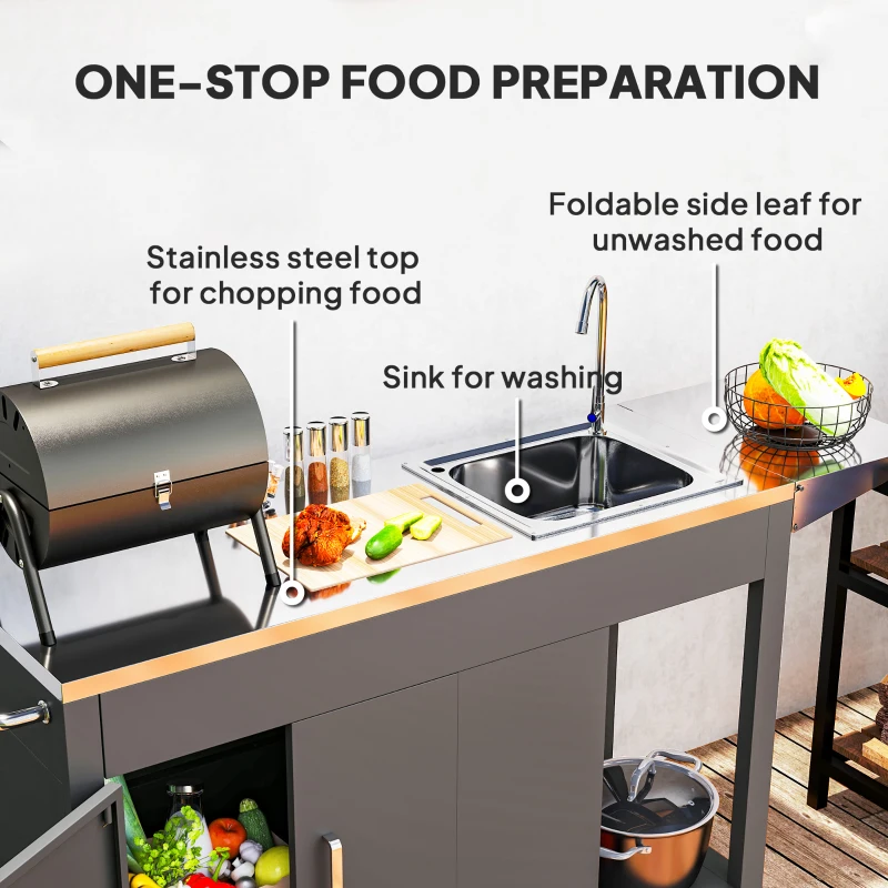 Mesa de parrilla para exteriores con fregadero y drenaje de acero inoxidable, carrito de parrilla con mesa auxiliar plegable y gabinete, isla de cocina para exteriores con ruedas