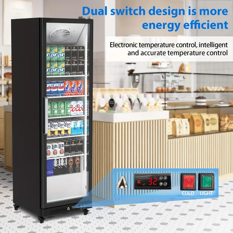 Refrigerador comercial con puerta de vidrio, refrigerador de exhibición de bebidas de 12.4 pies cúbicos, puerta única, enfriador de bebidas, doble acristalamiento con luces LED, estantes de almacenamiento, refrigerador vertical detalles 2