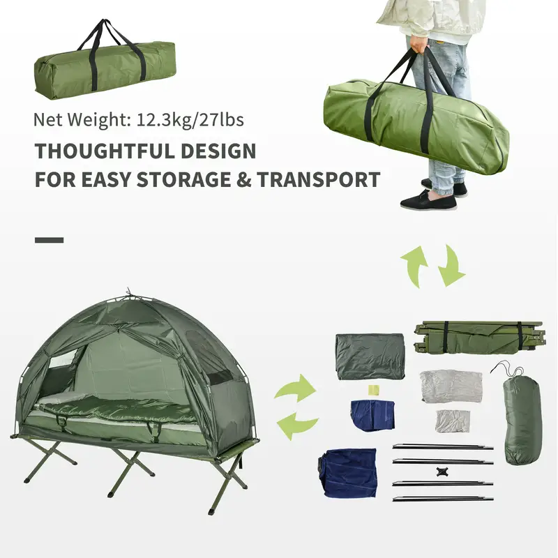 Cama de camping plegable multifuncional para adultos  , tienda elevada con bolsa de dormir, colchón de aire grueso, cama de dormir portátil para un solo adulto detalles 5