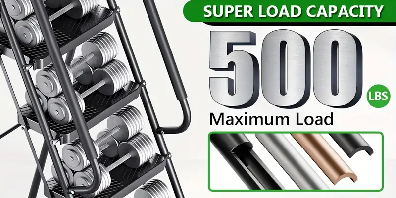 Escalera Plegable de con Bloqueo Seguro - Acero Resistente, Capacidad de 500 lbs, Bandeja para Herramientas & Pedales Antideslizantes, para Uso Doméstico, Mate detalles 3