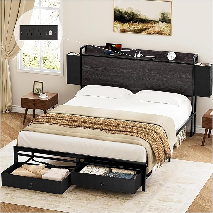 FABATO Base Cama Matrimonial - Cabecera con 4 Cajones y Espacio Debajo de la Cama - 2 Salidas de CA y 1 USB, 1 Tipo C - Plataforma de Metal Antideslizante sin Ruido