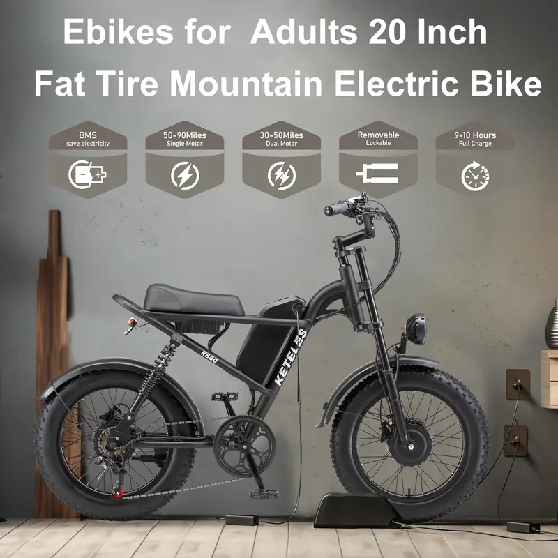 Bicicleta eléctrica de 20 con neumáticos gruesos - Motor dual sin escobillas de 170NM, batería removible de 48V 23Ah 1104WH, velocidad de /h, ideal para entusiastas , camping y cruceros en detalles 3