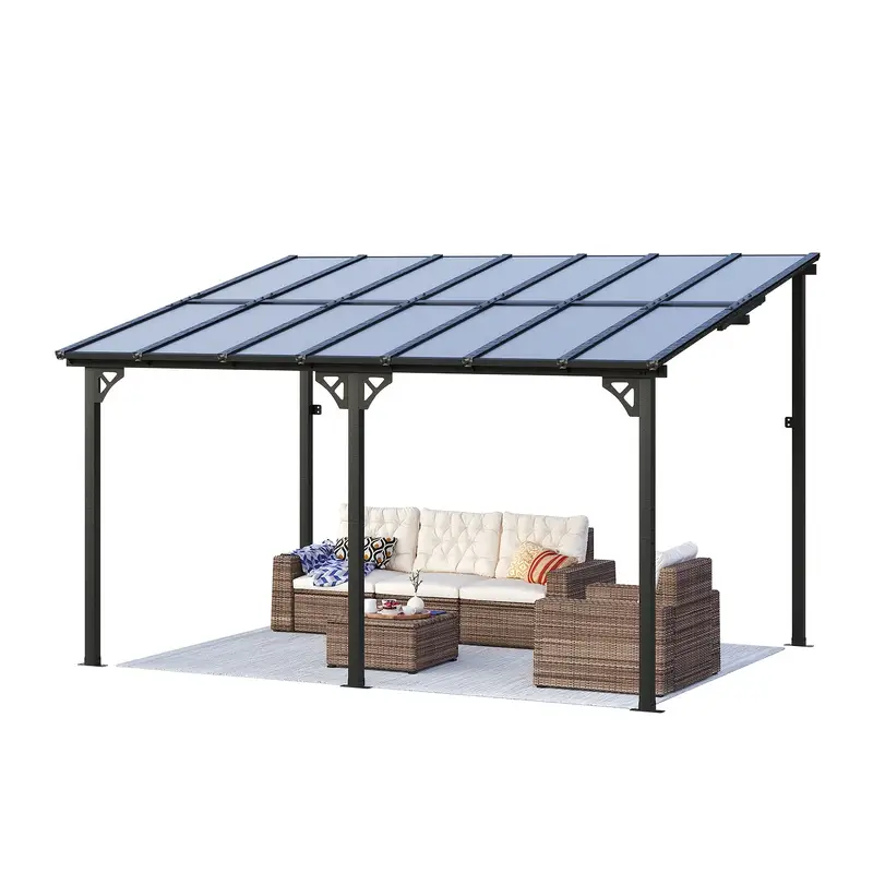   10x14 heavy duty wall mounted pergola gazebo black aluminum outdoor awning with clear panels for patio deck and backyard   outdoor events relaxation patio cover wallmounted gazebo sturdy installation patio decor details 0