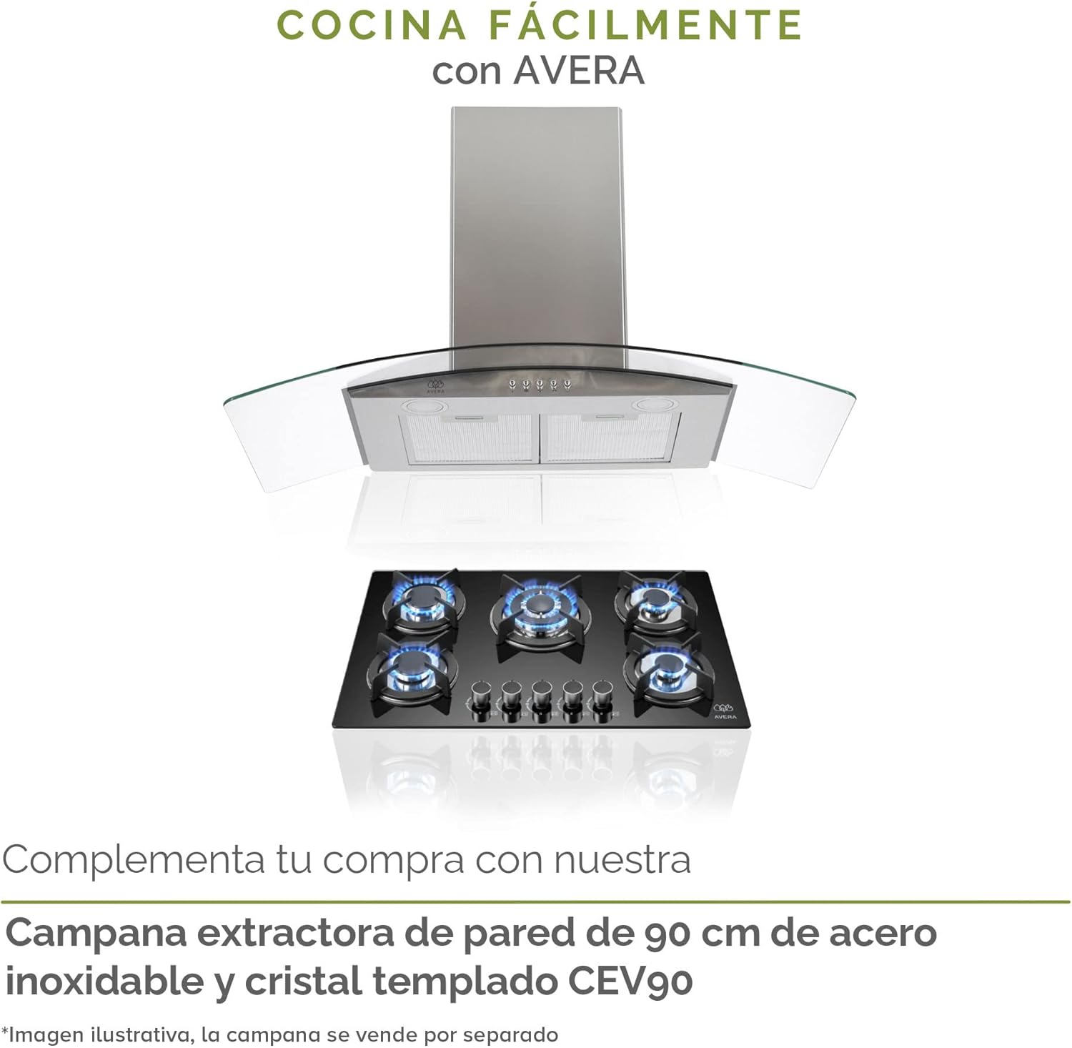 AVERA Parrilla de Gas 5 Quemadores, Vidrio Templado Negro 77cm (Incluye accesorios para Instalarla) Empotrable, Encendido Electronico, Perillas Metalicas, Estufa Empotrable, para Gas LP y Natural, VT5