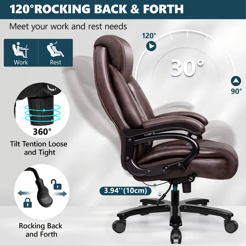 Silla ergon&oacute;mica     de 500   para  , silla   y   para  , silla ejecutiva para   de cuero PU con asiento ancho, soporte lumbar ajustable, silla de computadora mecedora de respaldo   para   pesadas. detalles 5