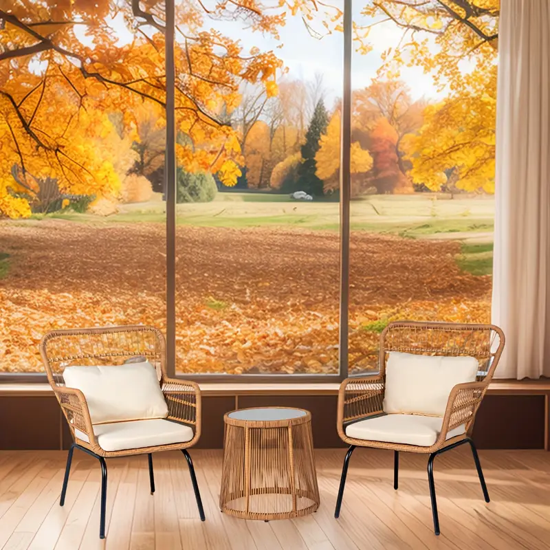 Juego de 3 muebles de mimbre para patio, incluye 2 sillas y una mesa con tapa de vidrio, ideal para porche, exterior, patio trasero, apartamento, balcón, color natural.