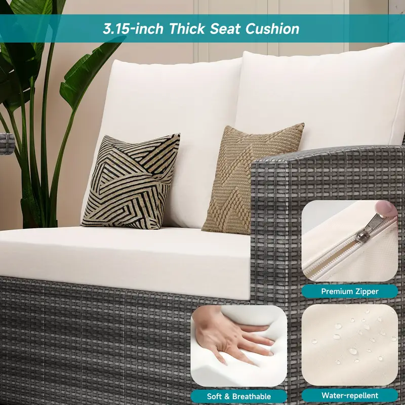 Conjunto de muebles de patio al aire libre, juego de comedor al aire libre de rat&aacute;n de mimbre de 7 piezas con mesa de comedor y otomanas, juego de mesa y sillas de patio, juego de sof&aacute; de silla   detalles 2