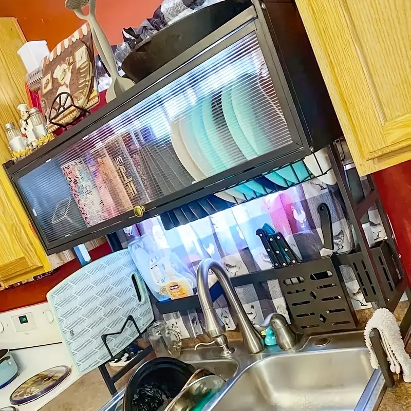 Sobre fregadero rejilla de secado de platos con cubierta, organizador de cocina de metal de acero al carbono para cuencos, platos, almacenamiento de utensilios, cesta de limpieza que ahorra espacio y barril de palillos detalles 6
