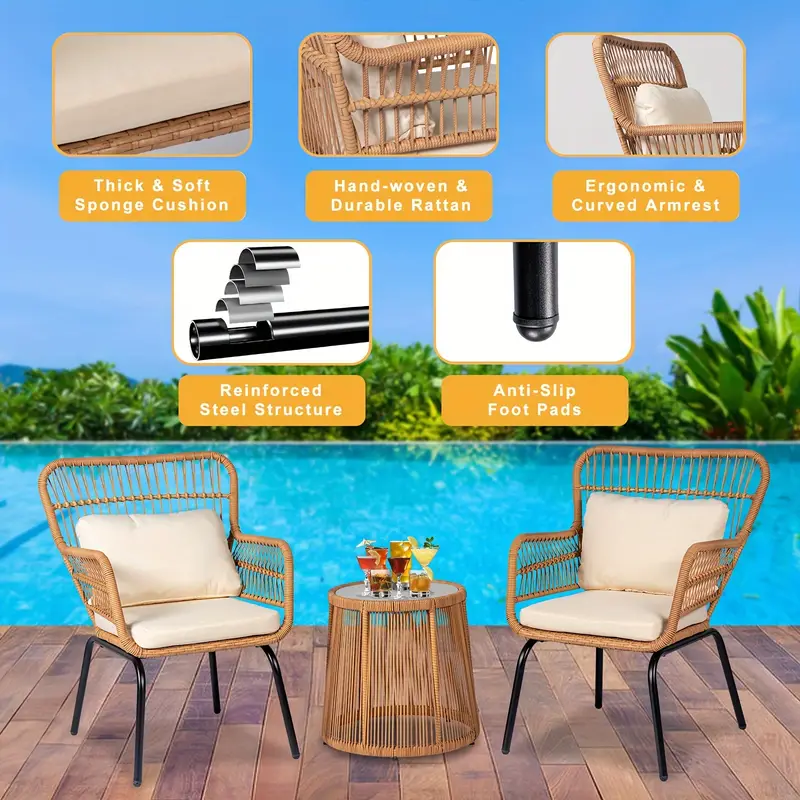 Juego de 3 muebles de mimbre para patio, incluye 2 sillas y una mesa con tapa de vidrio, ideal para porche, exterior, patio trasero, apartamento, balcón, color natural.