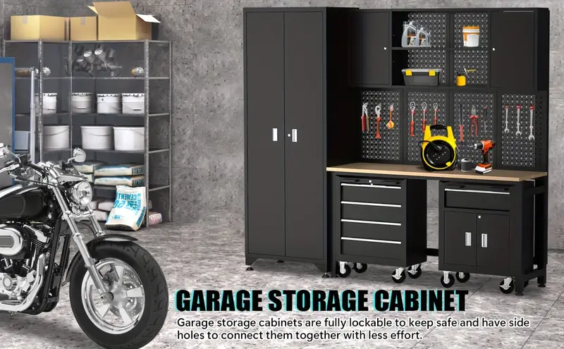 Taller de 6 piezas en , gabinete de almacenamiento para garaje, incluye cajones de acero, rodante y tablero de , gabinete de almacenamiento con cerradura, perfecto para organizar y las herramientas. detalles 1