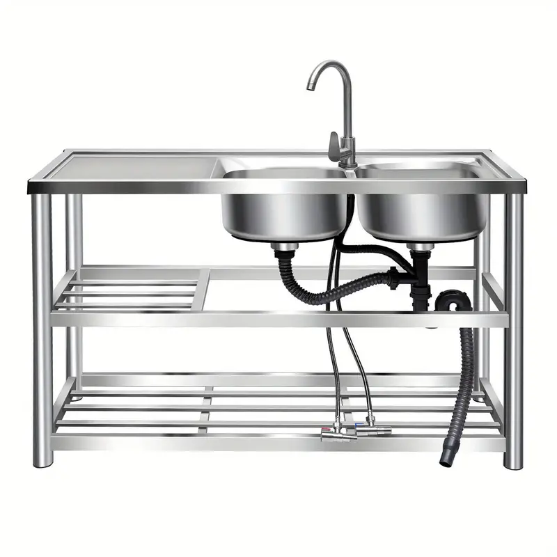 Fregadero comercial de cocina con 2 cubetas, fregadero utilitario de 2 compartimentos con 2 escurridores y 2 estantes, fregadero de cocina independiente de acero inoxidable 304 detalles 1