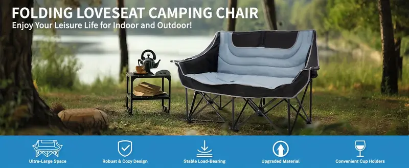 Silla de camping doble  , silla de camping acolchada para   adultos, silla plegable de gran tamaño, silla de camping, tumbona de jardín, sillas de salón para adultos. detalles 1